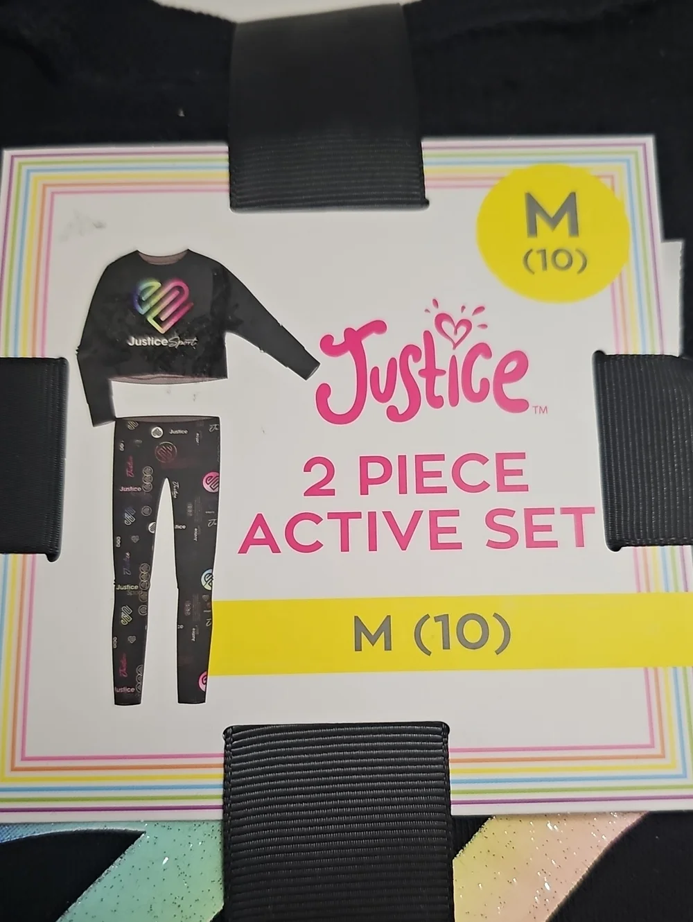 Justice Black Active Set with Glitter Rainbow Stripe